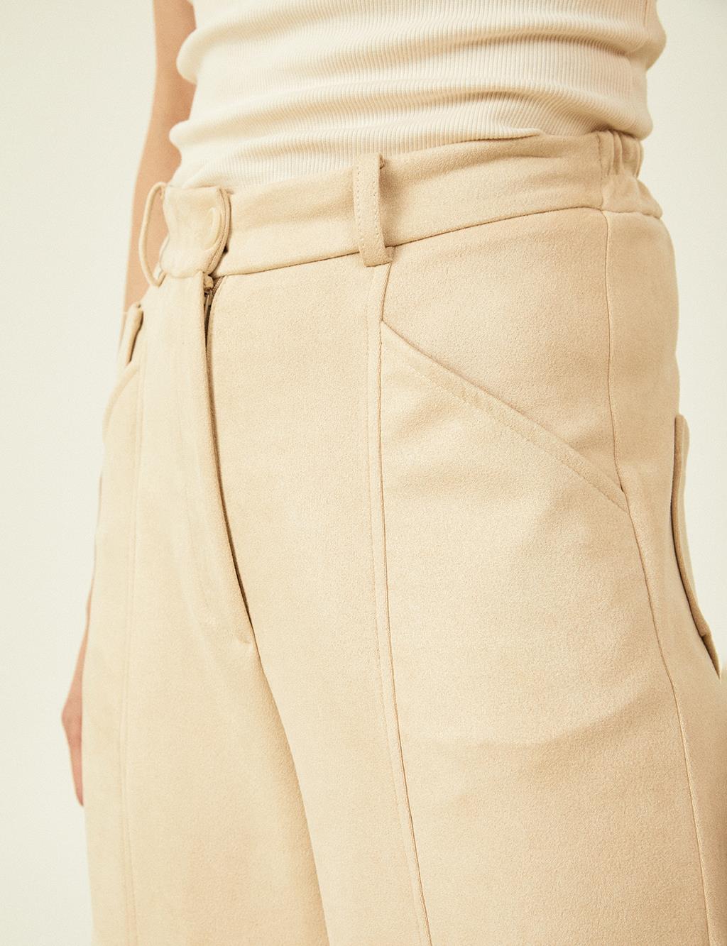 Elastic Waist Suede Trousers Cream