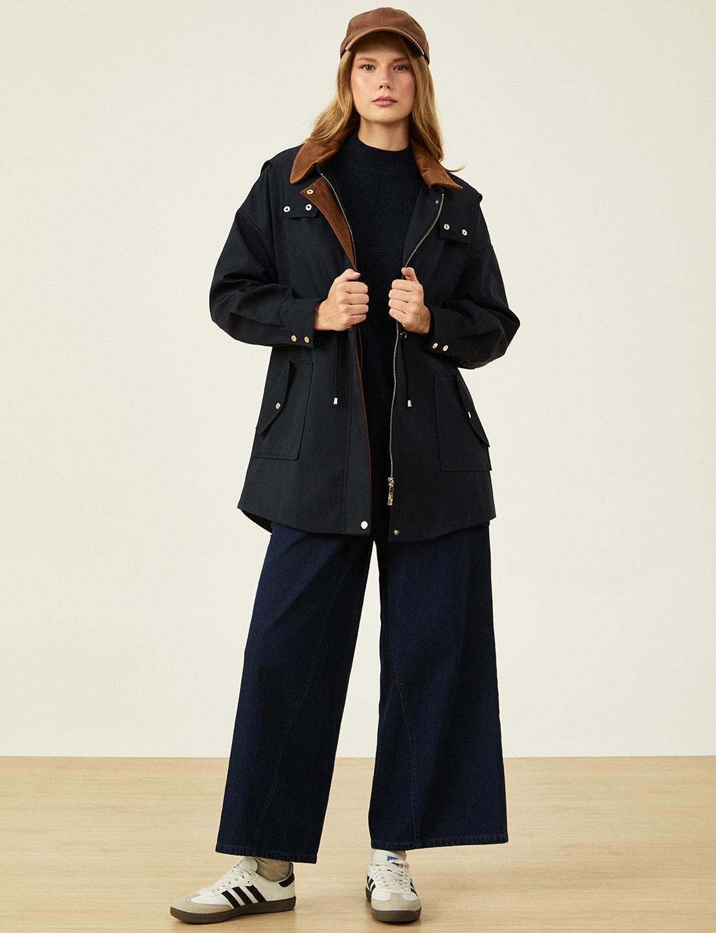 Velvet Mixed Waist Drawstring Coat Dark Navy Blue