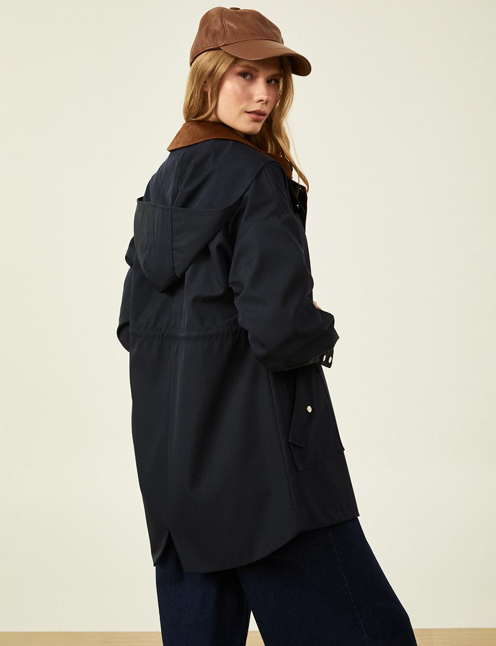 Velvet Mixed Waist Drawstring Coat Dark Navy Blue