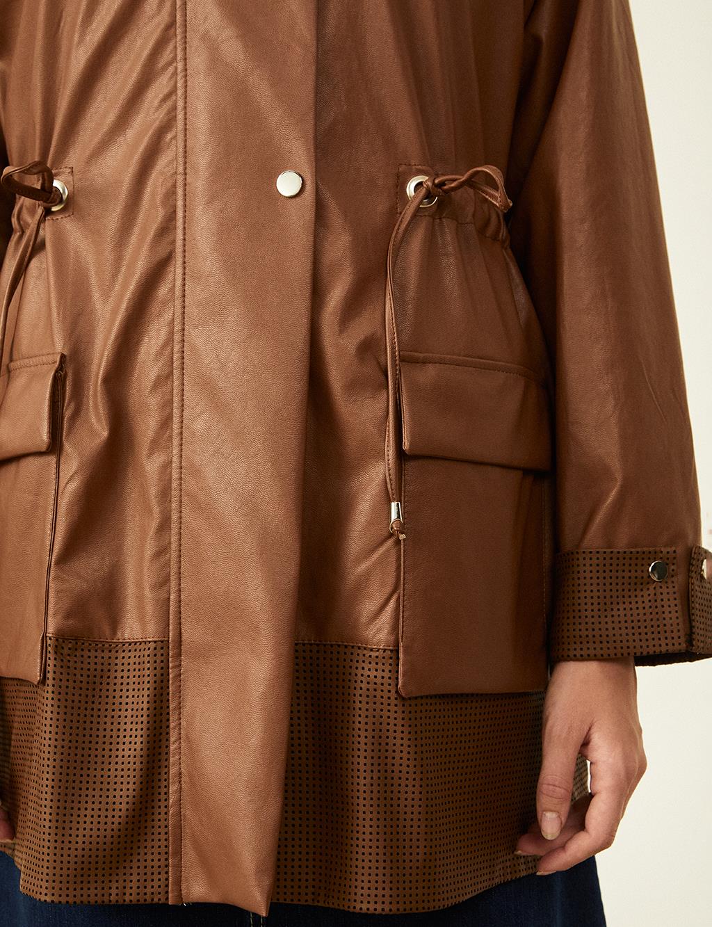 Detailed High Collar Trench Coat - Camel