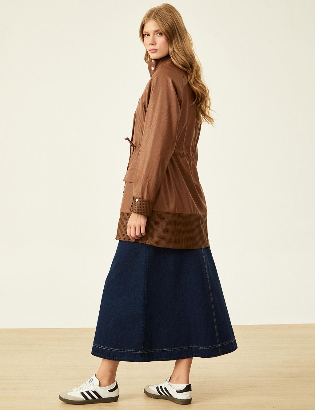 Detailed High Collar Trench Coat - Camel