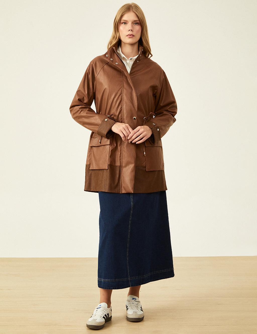 Detailed High Collar Trench Coat - Camel