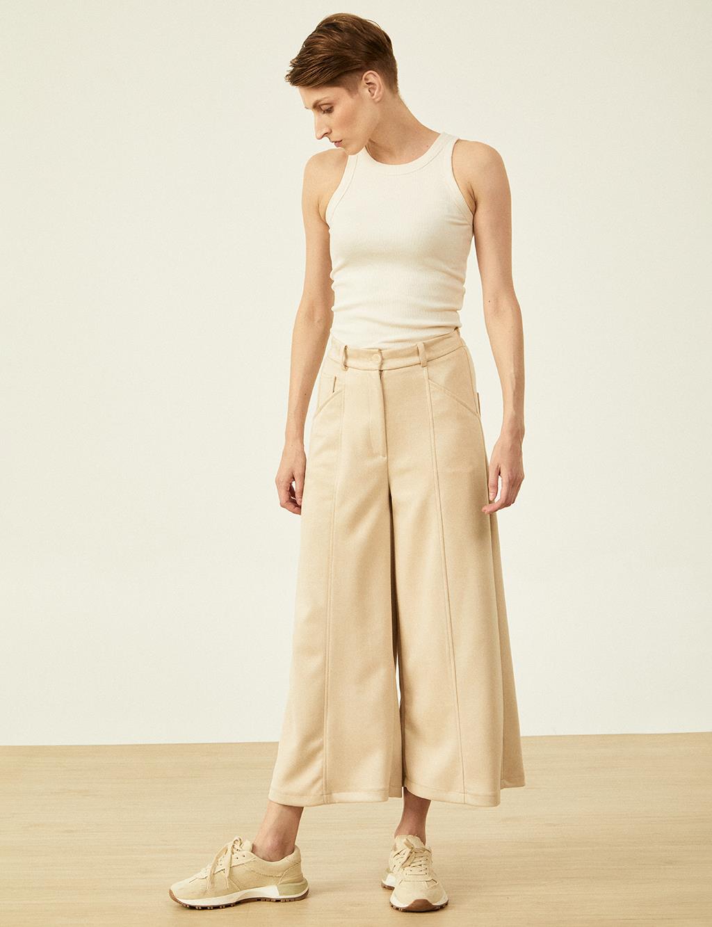 Elastic Waist Suede Trousers Cream