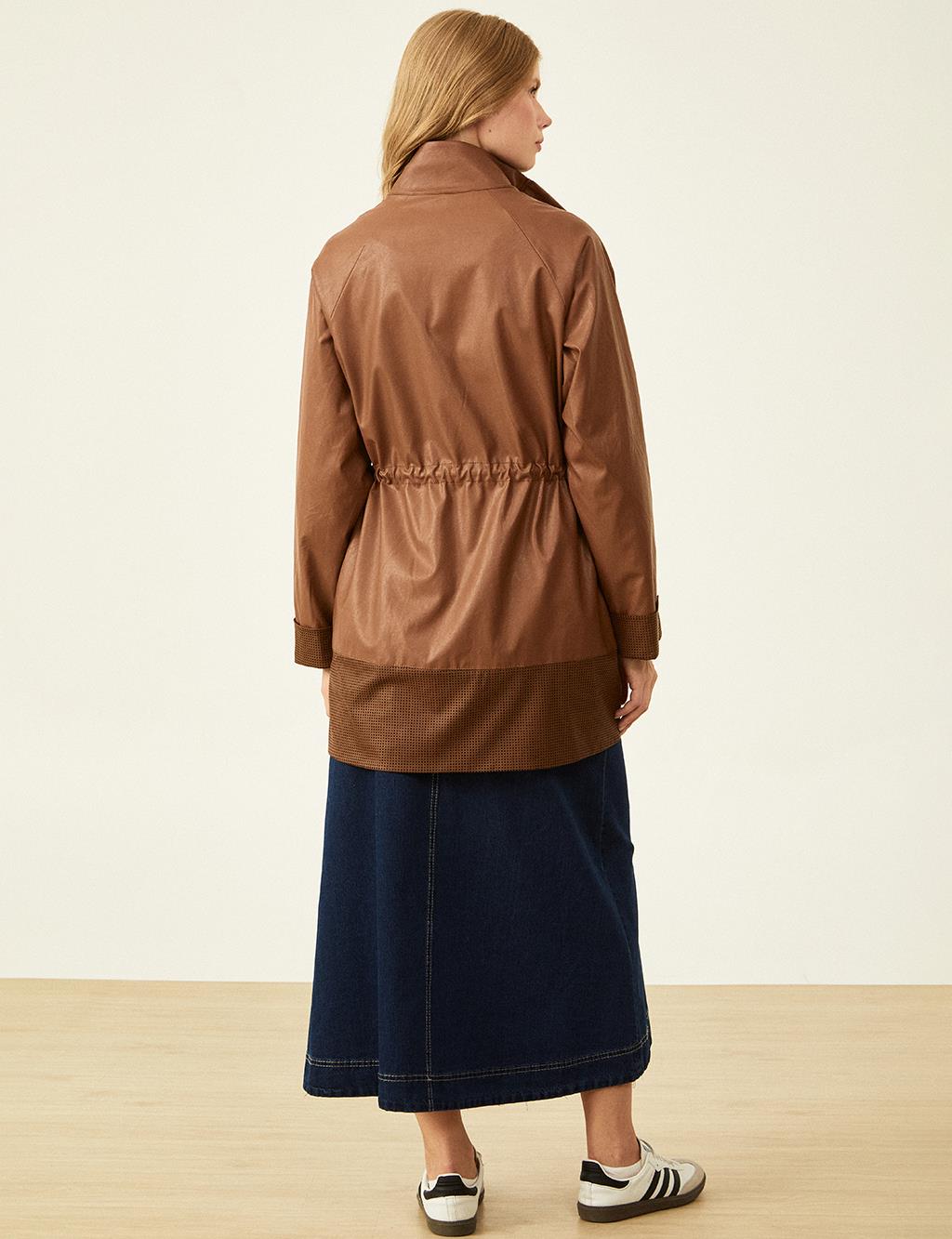 Detailed High Collar Trench Coat - Camel