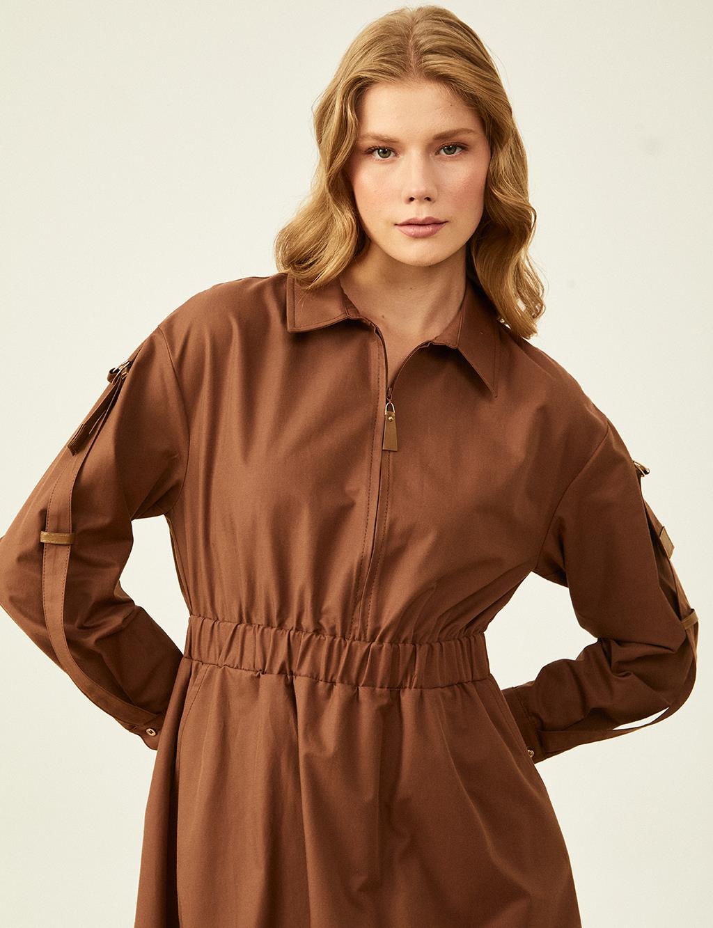 Parachute Fabric Zippered Dress Coffee