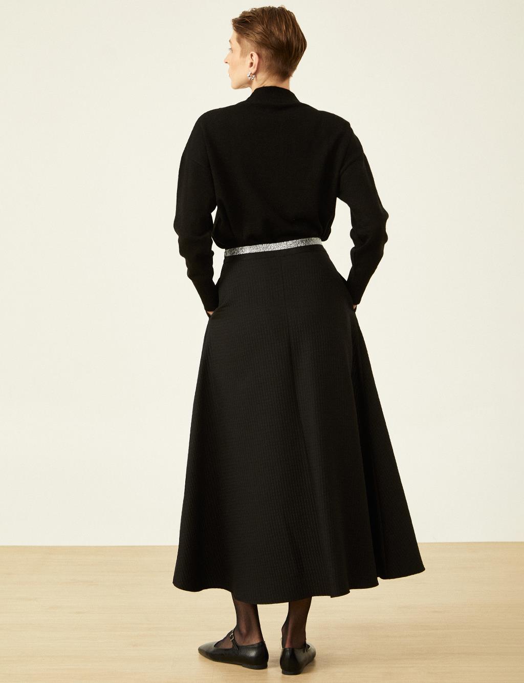 Flared Waist Elasticated Flared Skirt Black