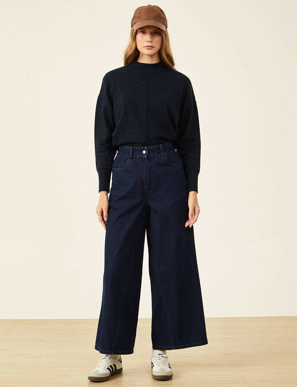 Wide Leg Denim Trousers Navy Blue