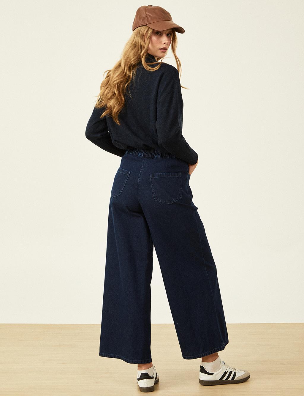 Wide Leg Denim Trousers Navy Blue