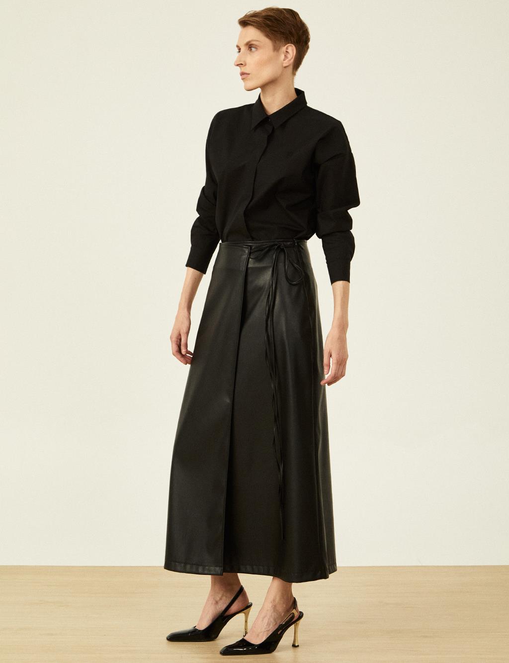 Faux Leather Wrap Skirt Black