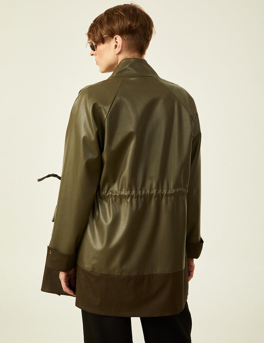 Detailed High Collar Trench Coat Khaki