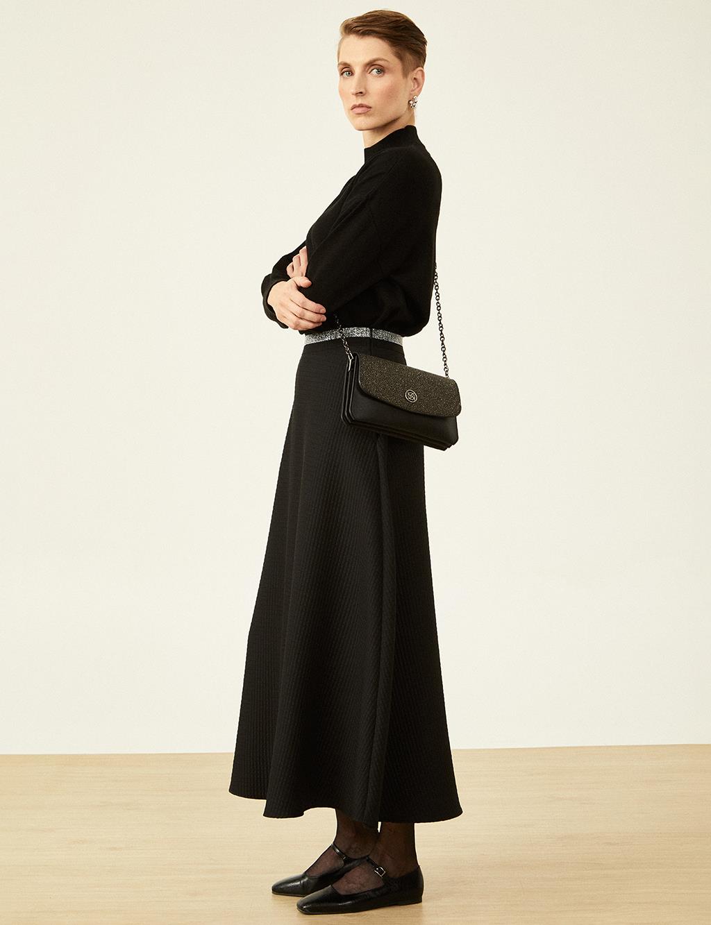 Flared Waist Elasticated Flared Skirt Black