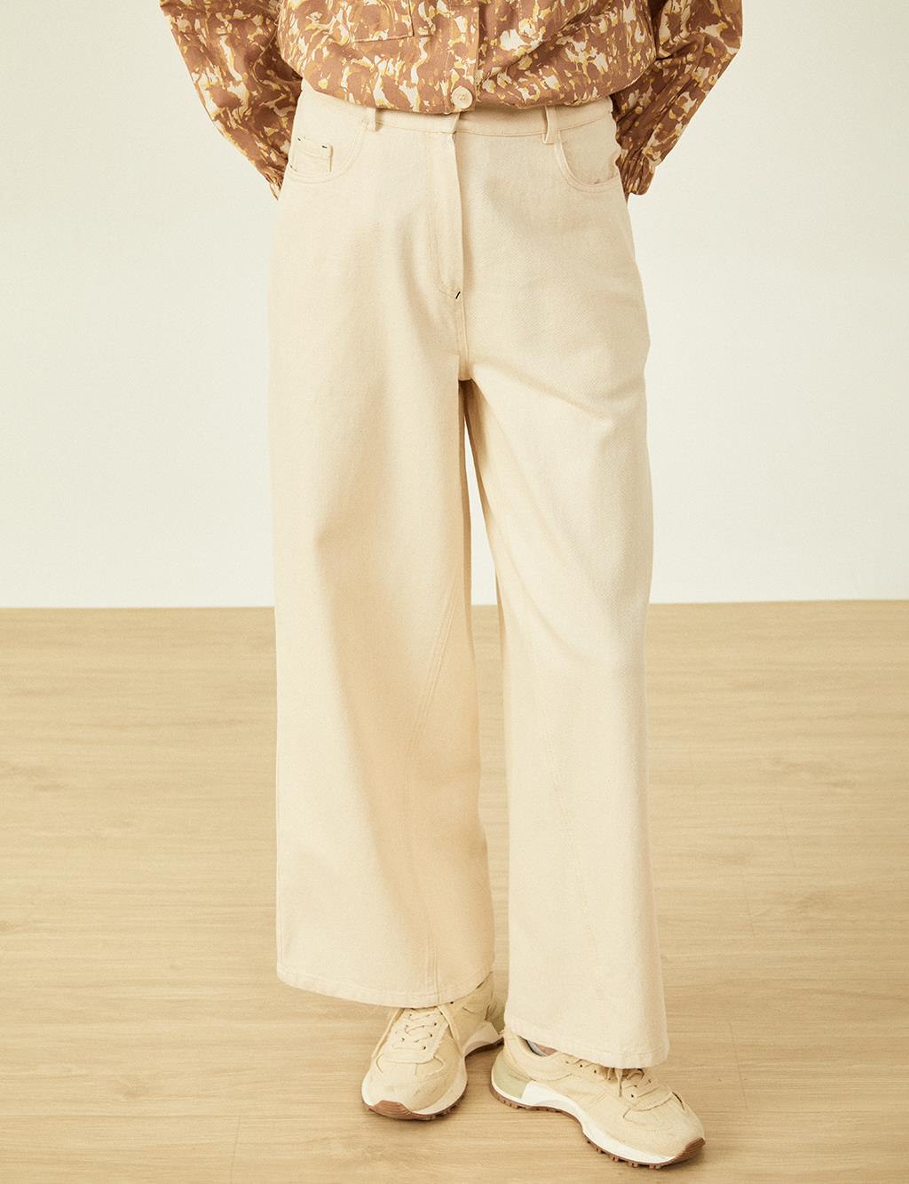 Wide Leg Denim Trousers Cream