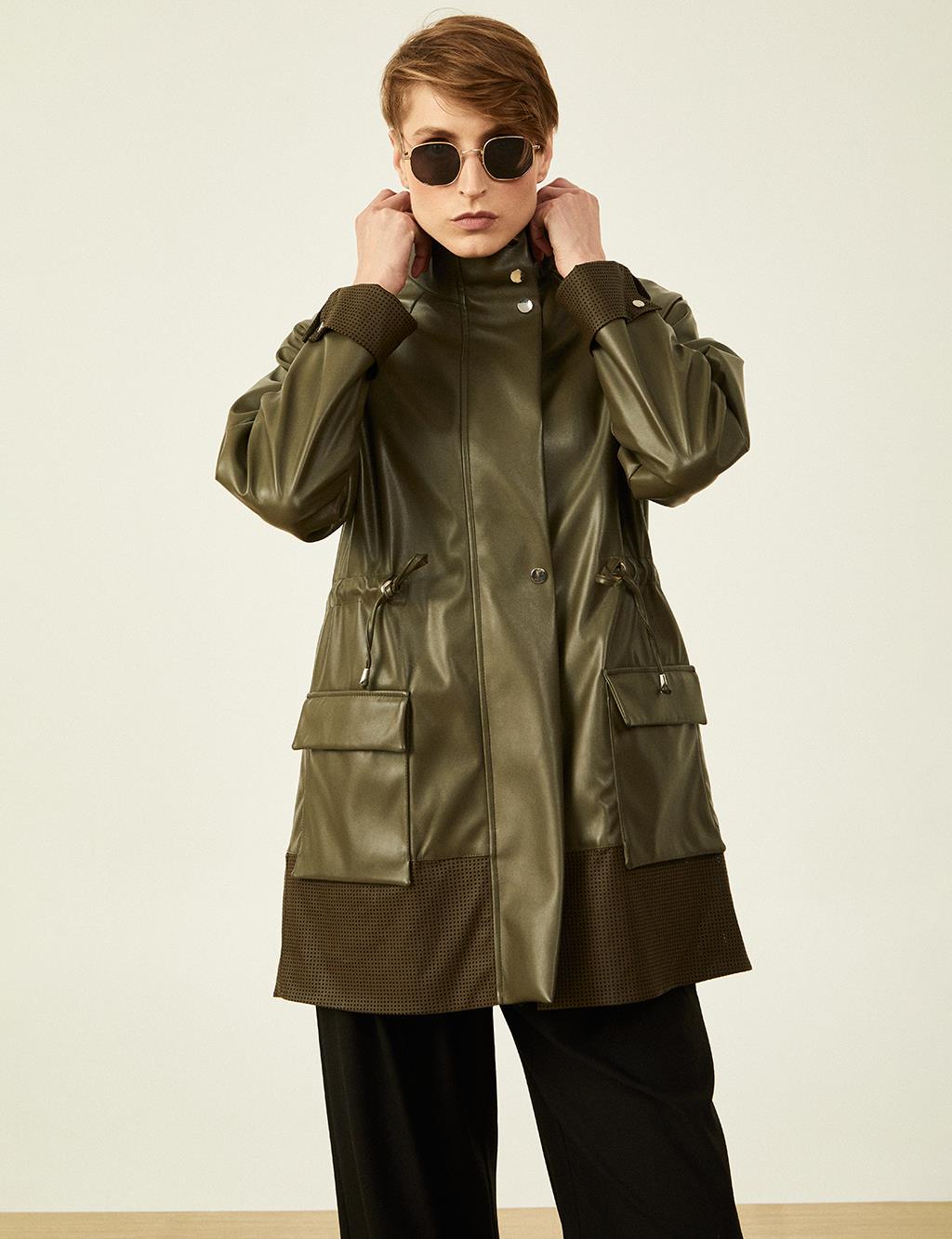 Detailed High Collar Trench Coat Khaki