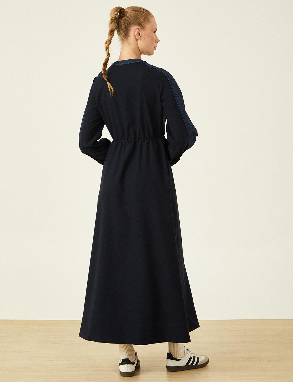 Denim-Accented Dress Dark Navy Blue