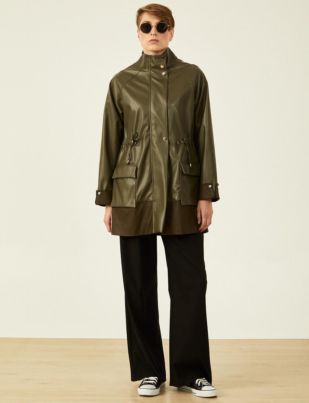 Detailed High Collar Trench Coat Khaki