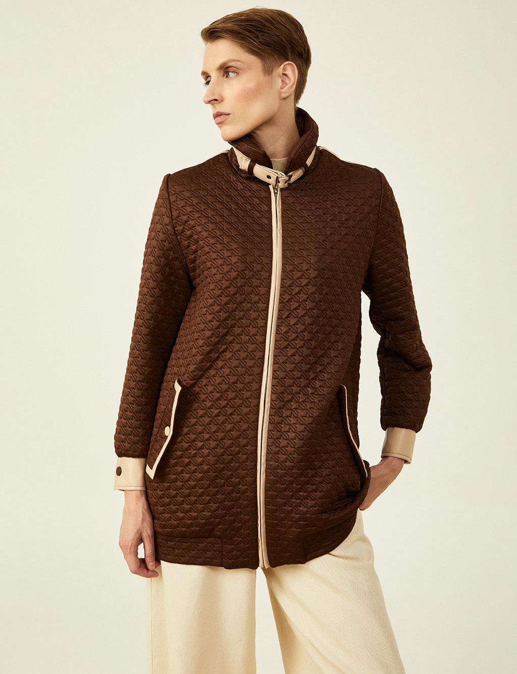 Houndstooth Patterned Wide Pocketed Jacket Dark Coffee