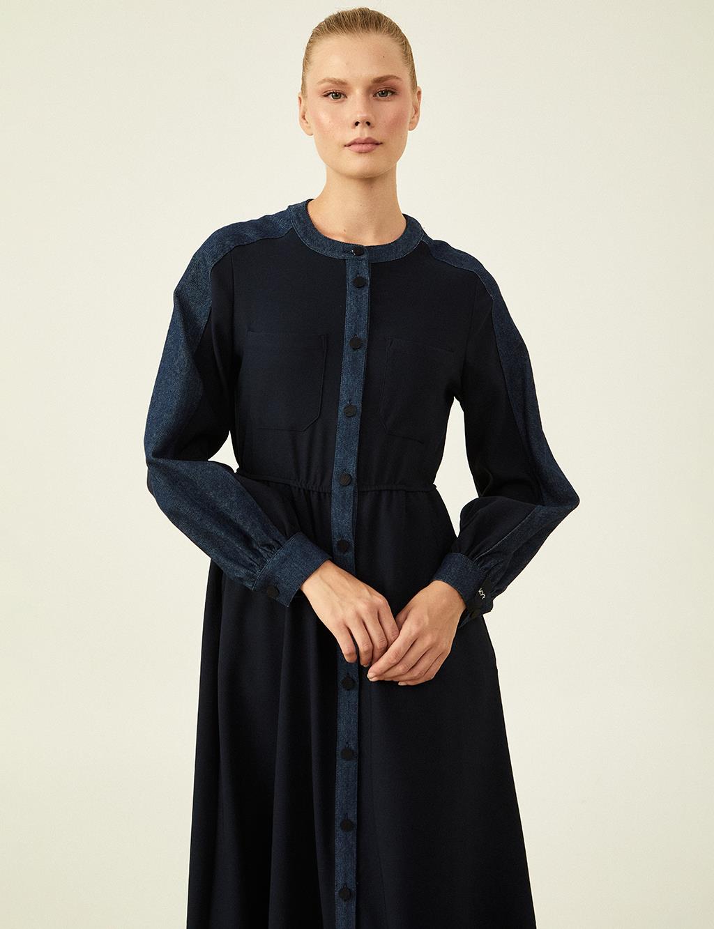 Denim-Accented Dress Dark Navy Blue