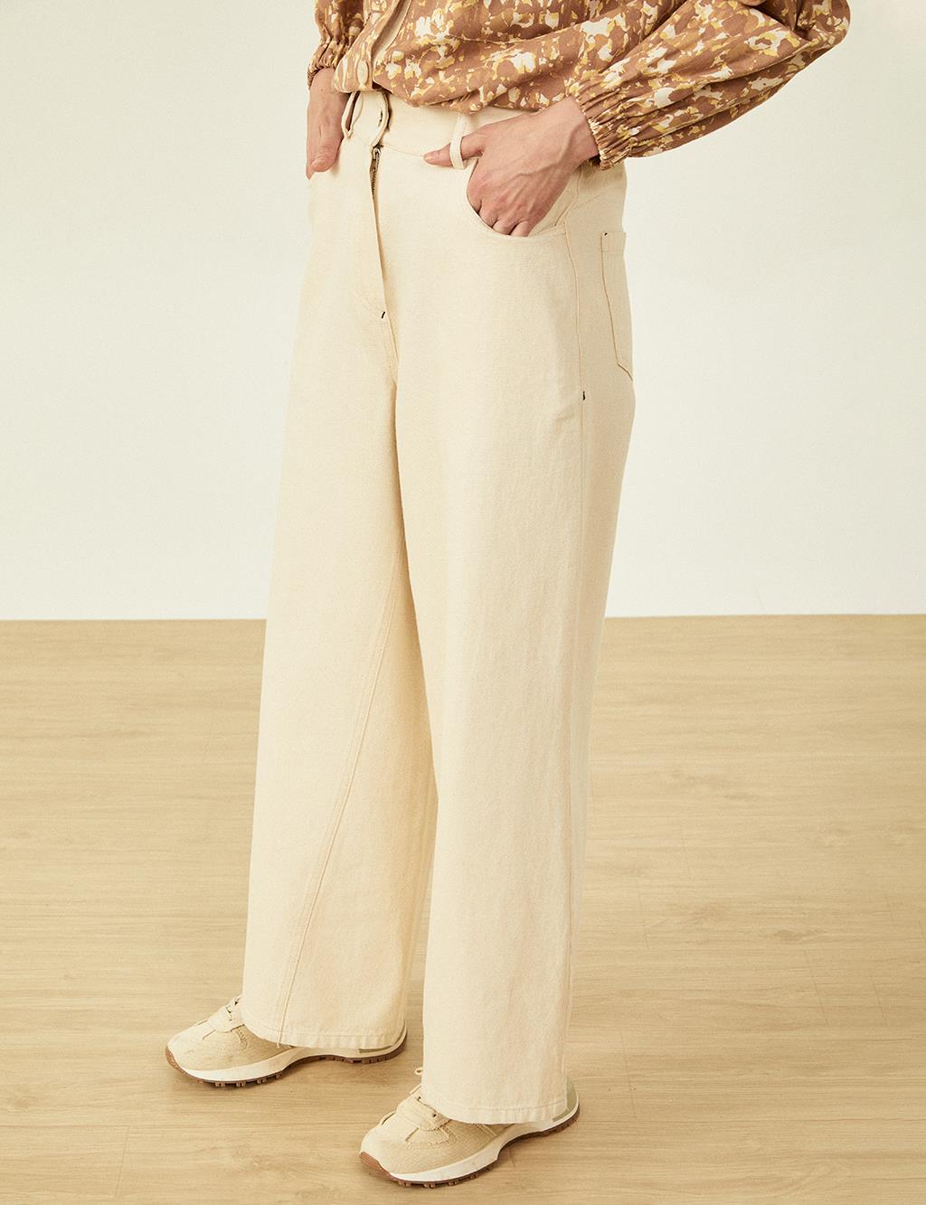 Wide Leg Denim Trousers Cream