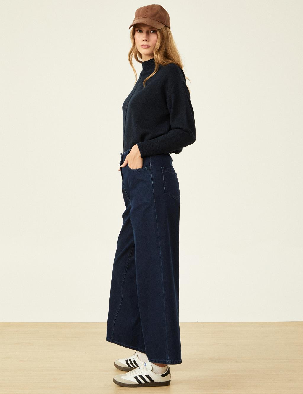 Wide Leg Denim Trousers Navy Blue