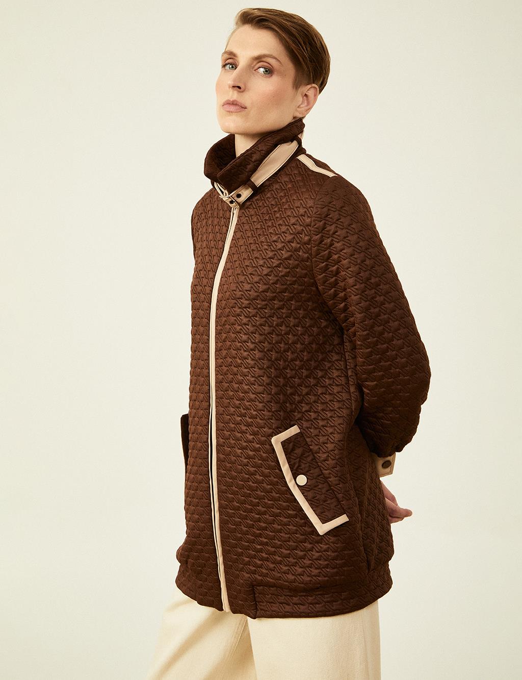 Houndstooth Patterned Wide Pocketed Jacket Dark Coffee