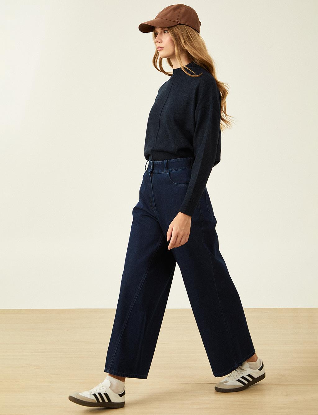 Wide Leg Denim Trousers Navy Blue