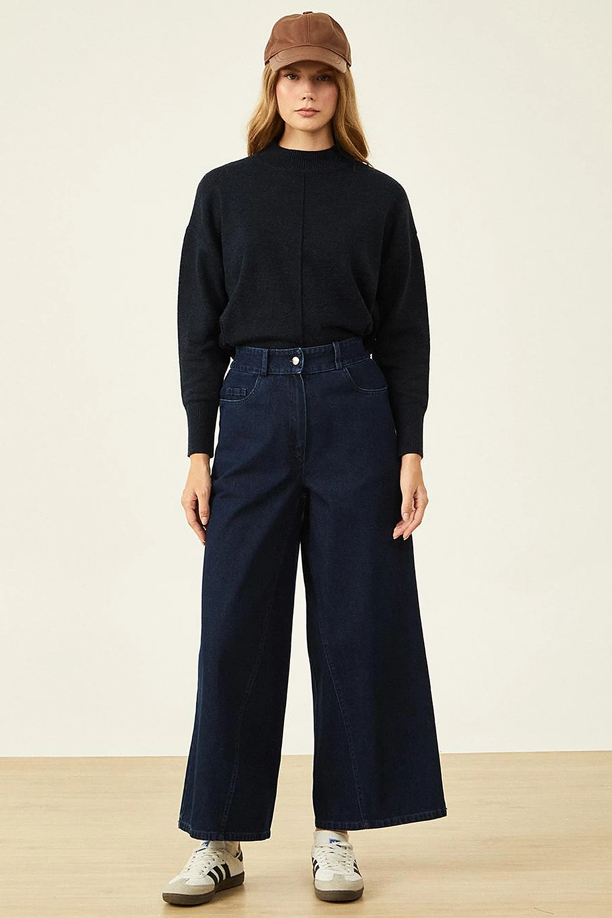 Wide Leg Denim Trousers Navy Blue