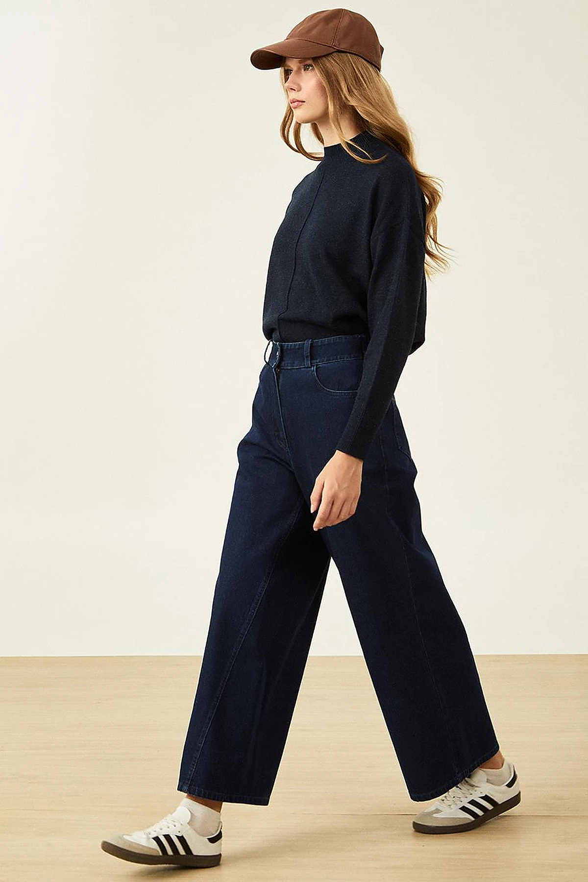 Wide Leg Denim Trousers Navy Blue