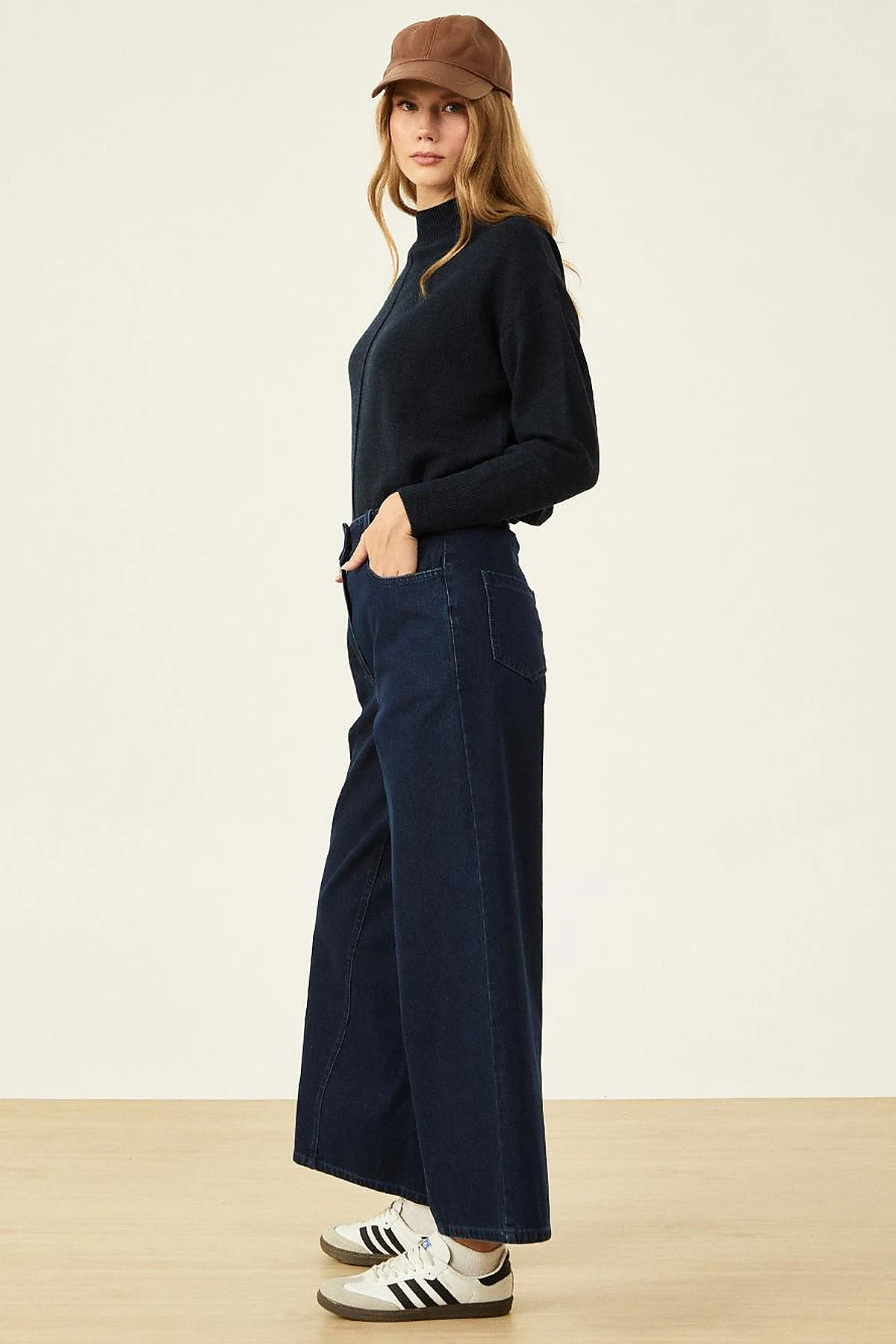 Wide Leg Denim Trousers Navy Blue