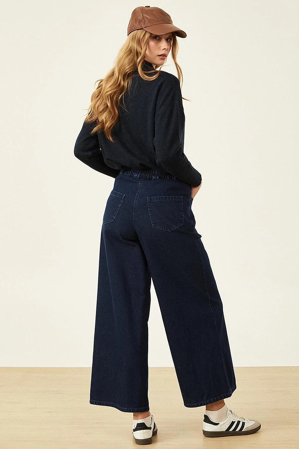 Wide Leg Denim Trousers Navy Blue