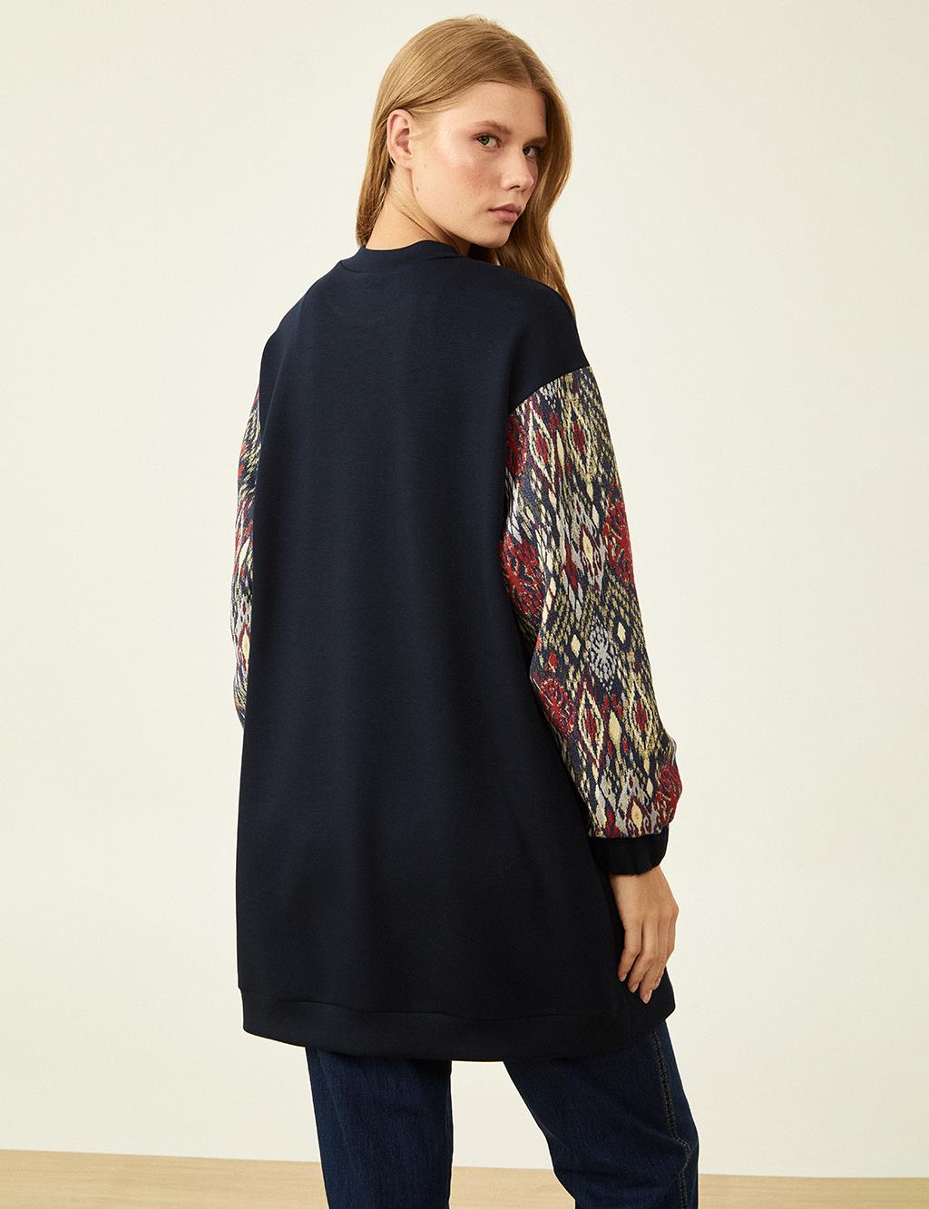 Embroidered Garnished Sweatshirt Navy Blue