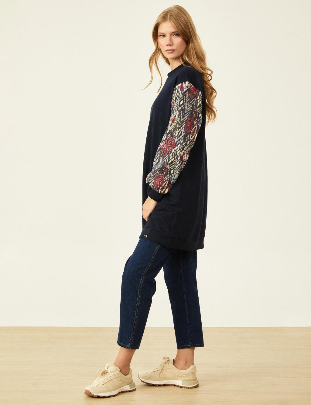 Embroidered Garnished Sweatshirt Navy Blue