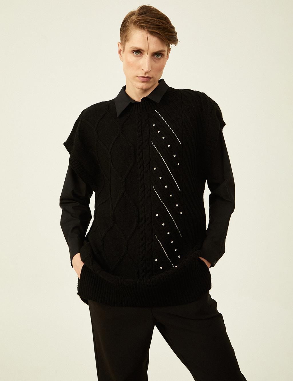 Knitted Patterned Knitted Sweater Black