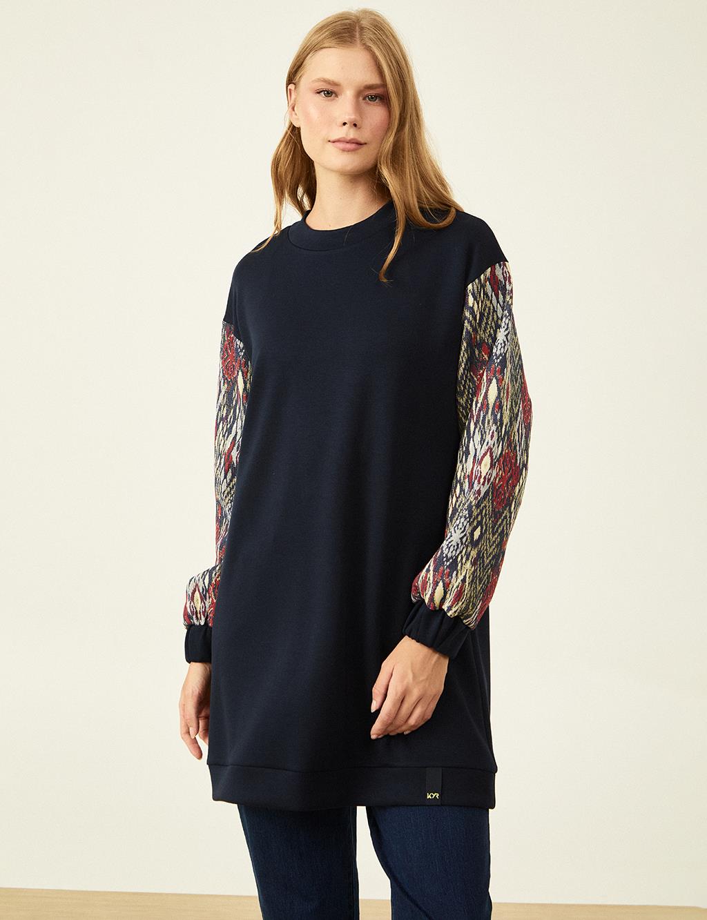 Embroidered Garnished Sweatshirt Navy Blue