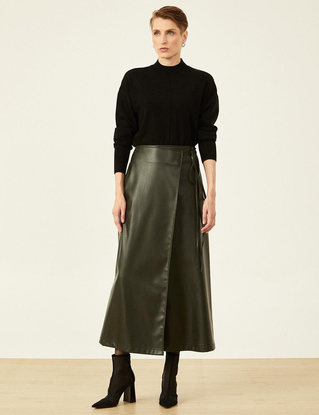 Faux Leather Wrap Skirt Smoke Green