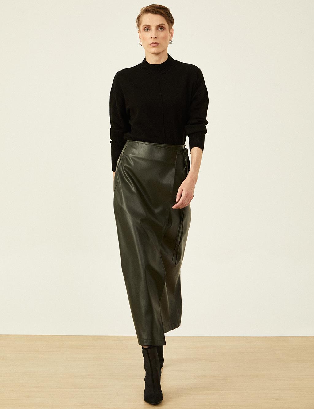 Faux Leather Wrap Skirt Smoke Green