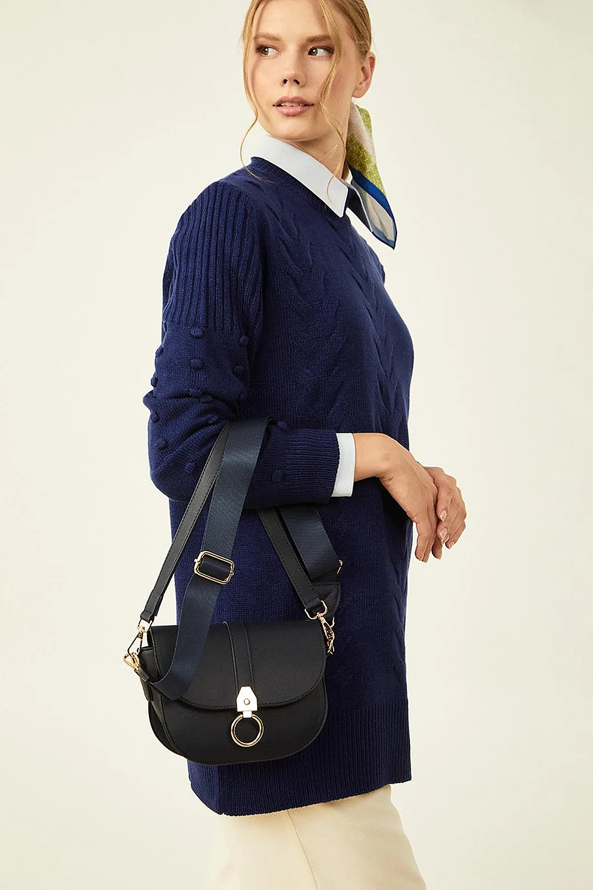 Designed Covered Faux Leather Bag Navy Blue