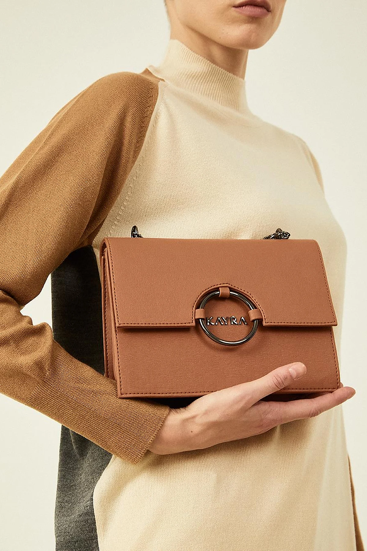 Designed Chain Handle Bag with Cover Tan
