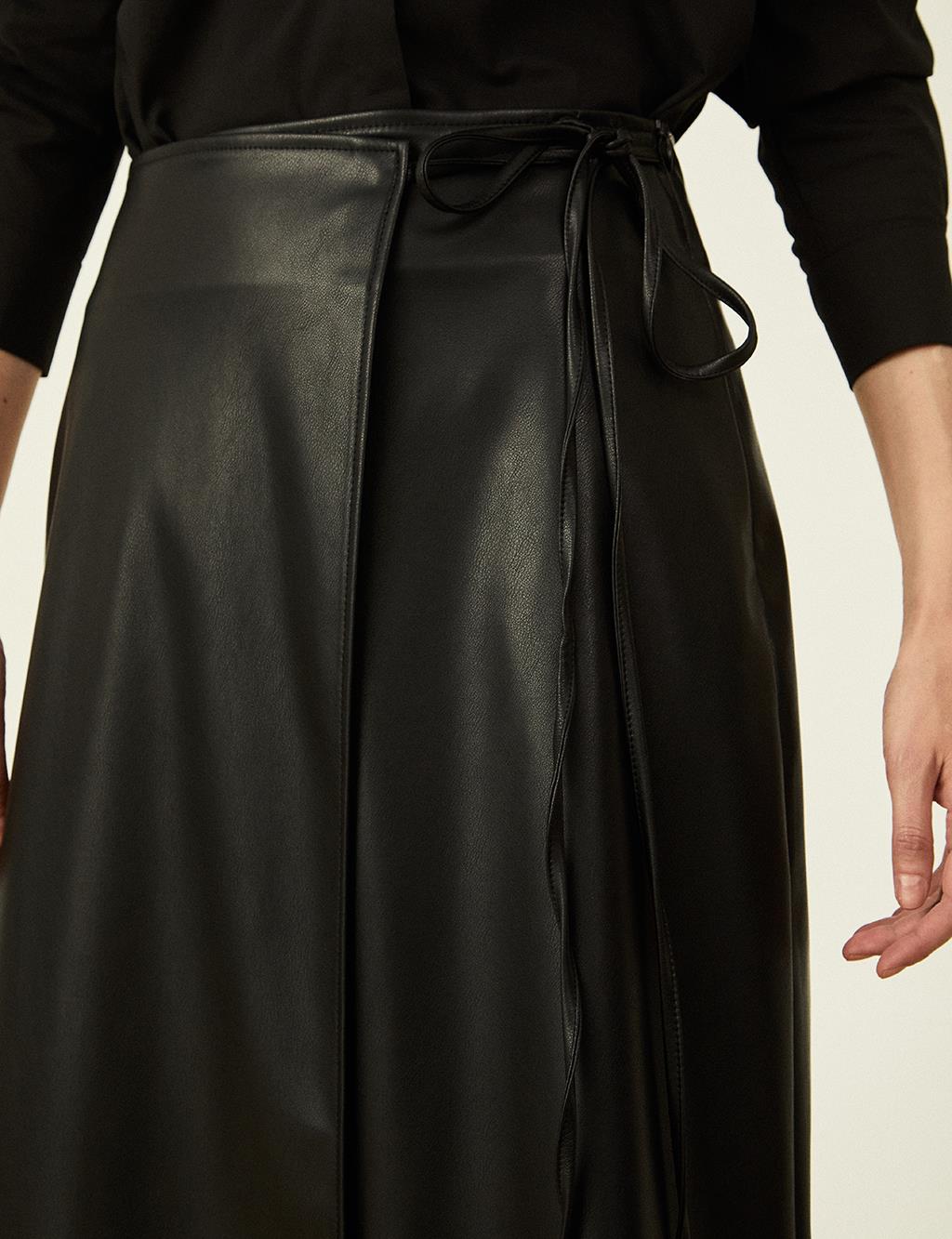 Faux Leather Wrap Skirt Black