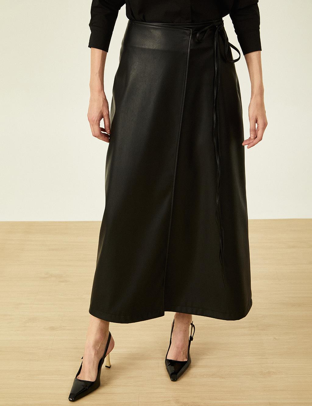 Faux Leather Wrap Skirt Black