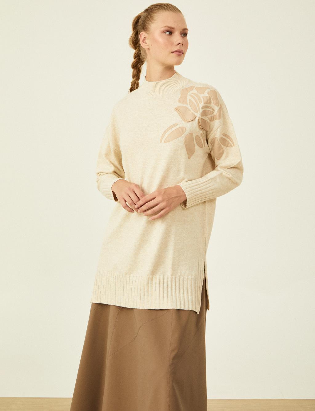 Embroidered Applique Knit Tunic Stone