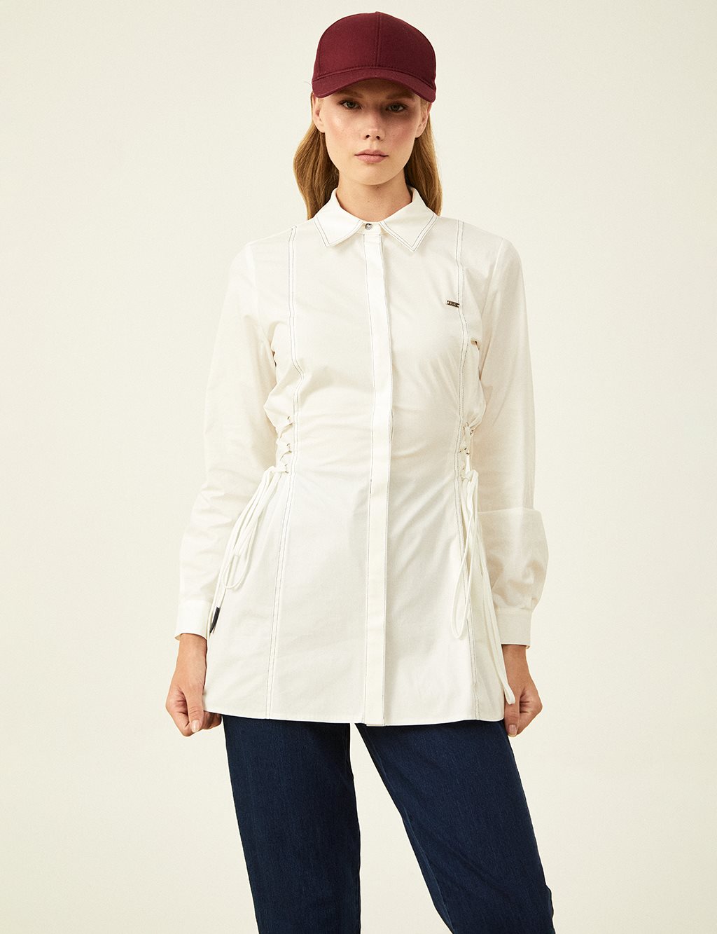 Stitching Detailed Poplin Tunic Ecru