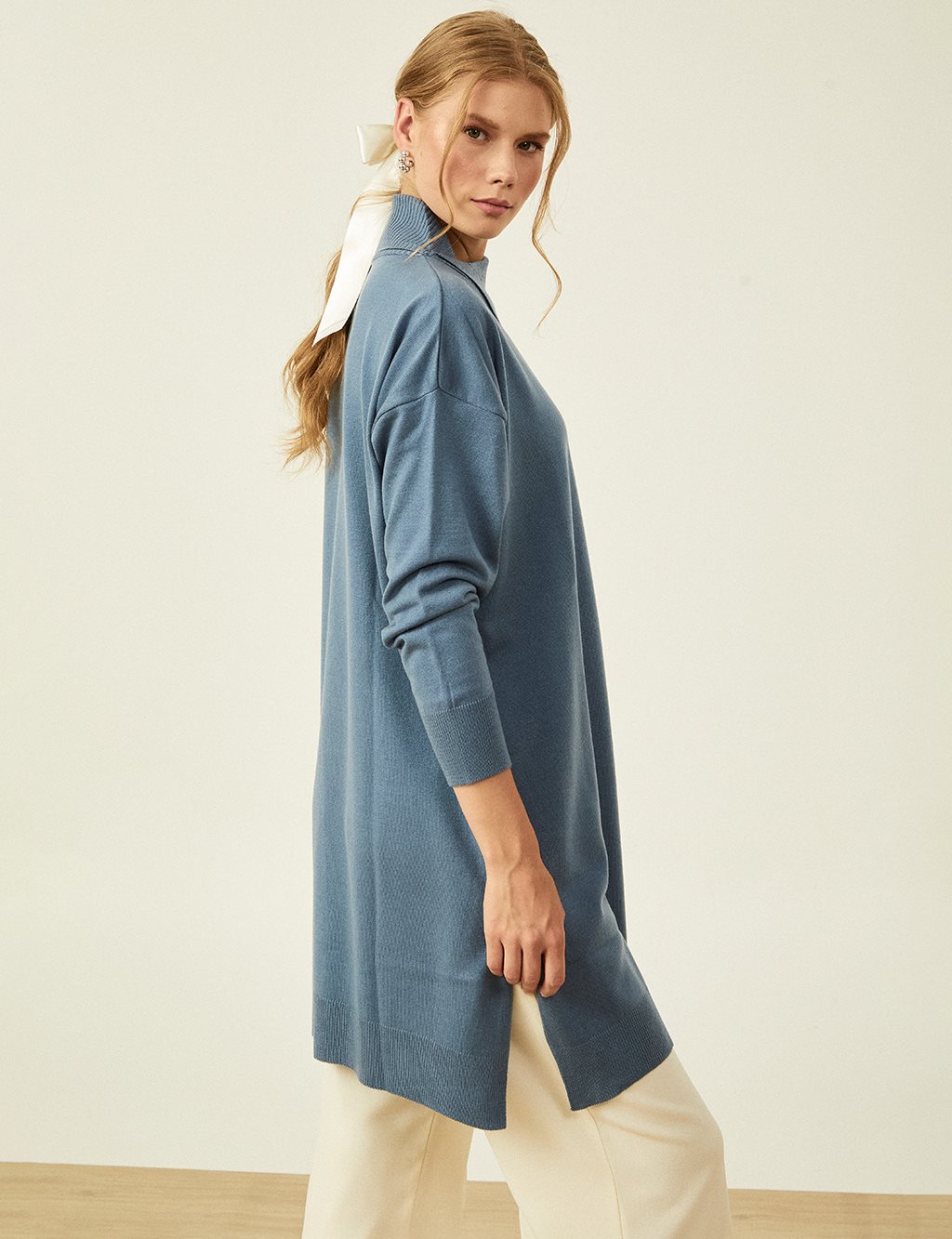 Side Turndown Collar Knit Tunic Crown Blue