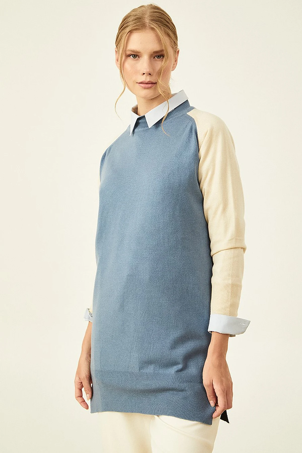 Color Block Knit Tunic Crown Blue
