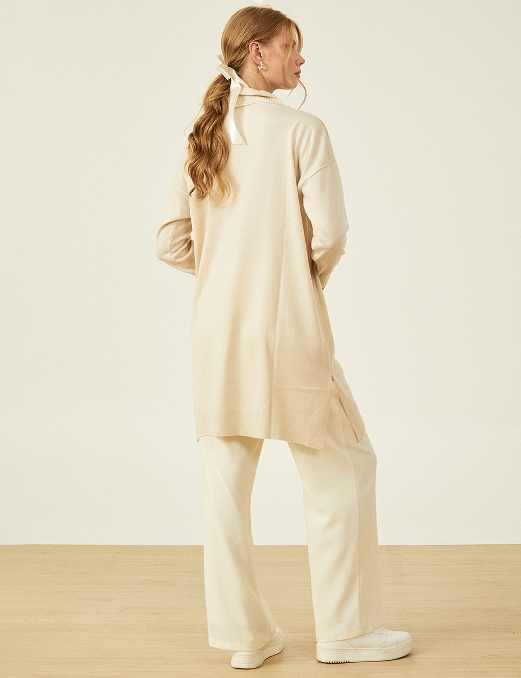 Side Turndown Collar Knit Tunic Stone