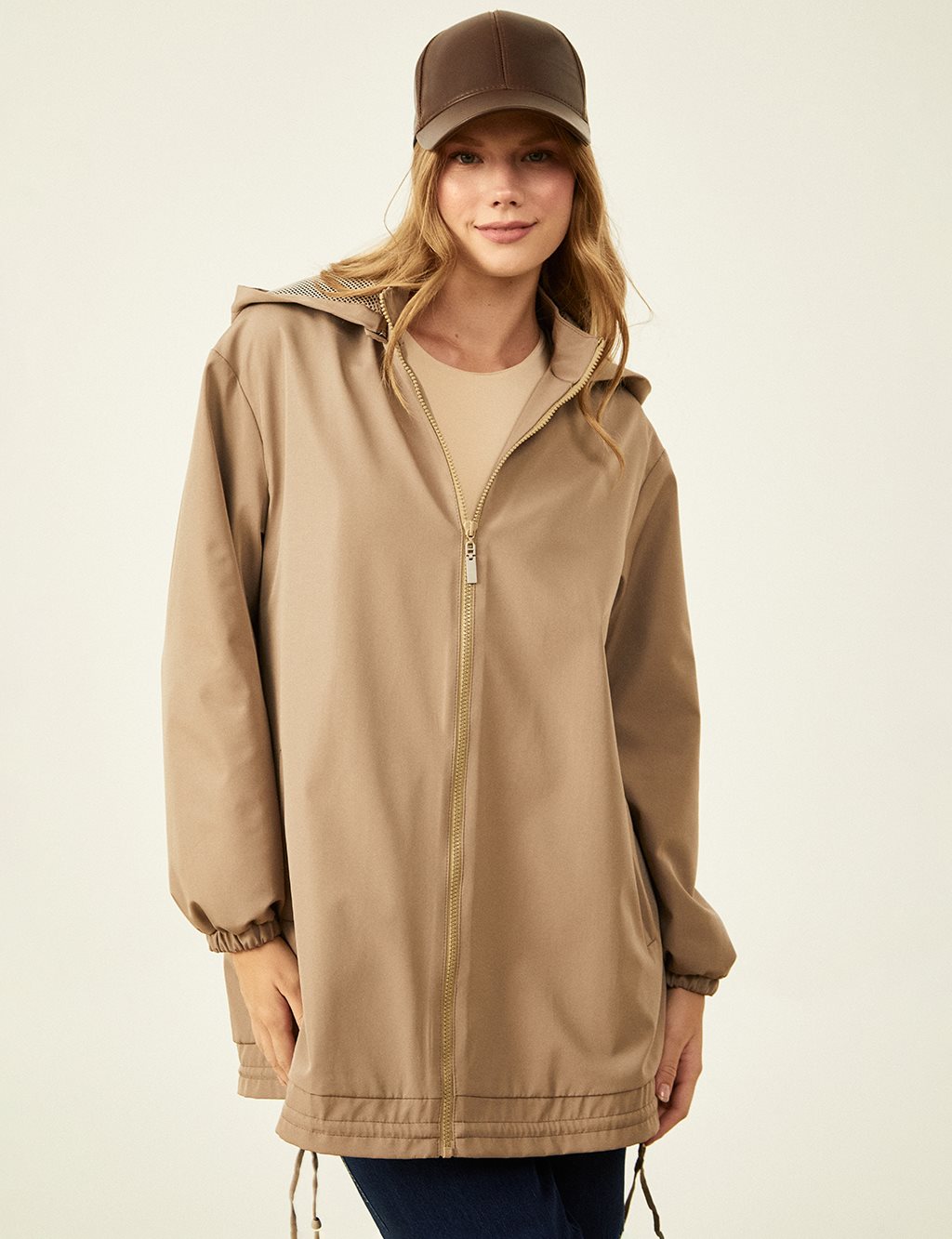 Mesh-Accented Hooded Coat Mink