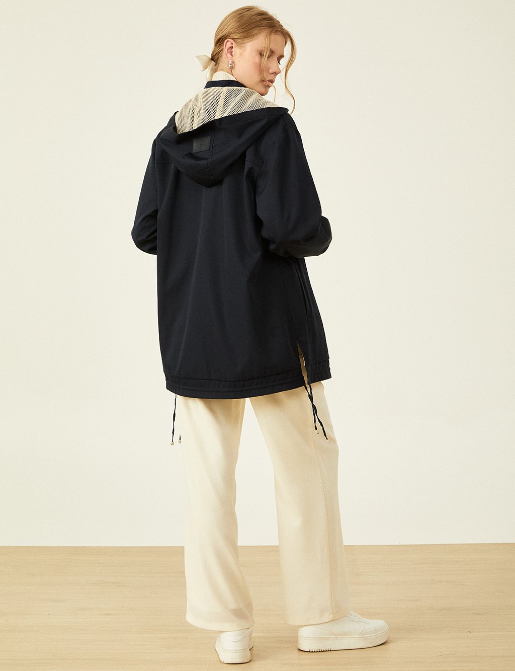 Mesh-Accented Hooded Coat Dark Navy Blue