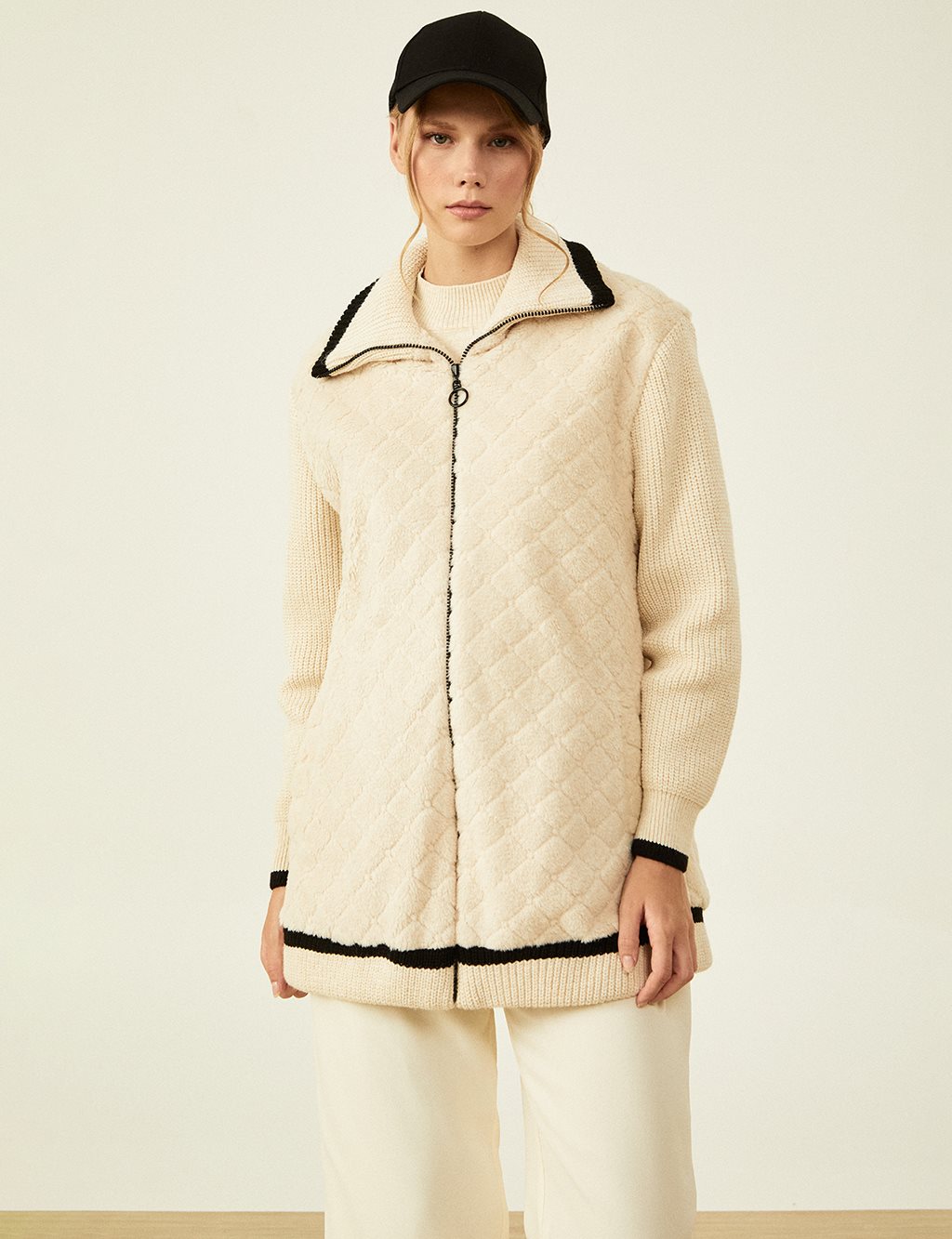 Knit Mixed Plush Jacket Cream