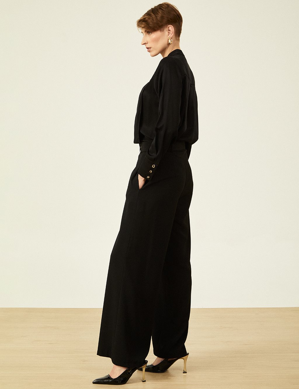 Belt Detailed Wide Leg Trousers Black