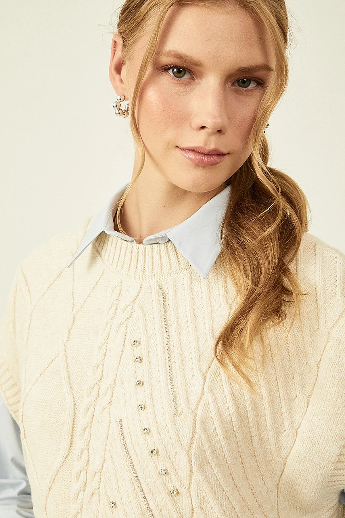 Knitted Patterned Knit Sweater Cream