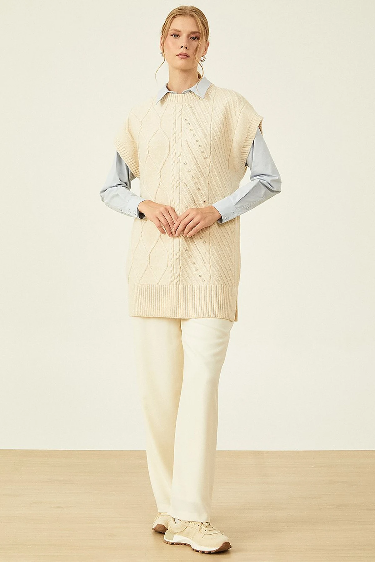 Knitted Patterned Knit Sweater Cream
